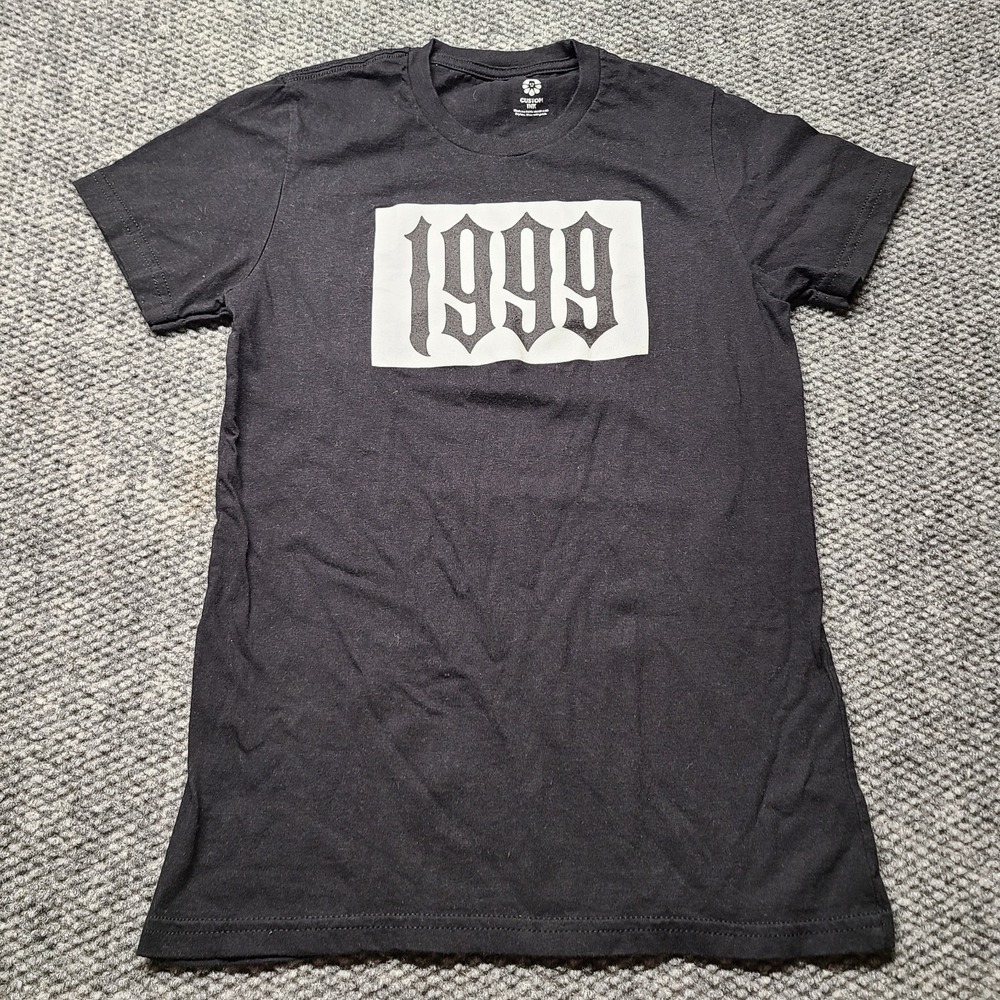 Custom Ink T-Shirt Mens Small Black Gothic Old English 1999 Graphic Crew Neck